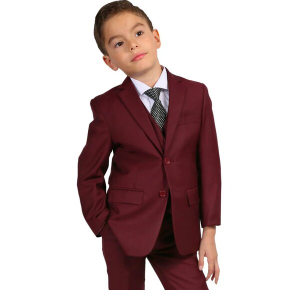 Boys Modern Fit 2 Button Vested Suit in Burgundy - Picture 1 of 2